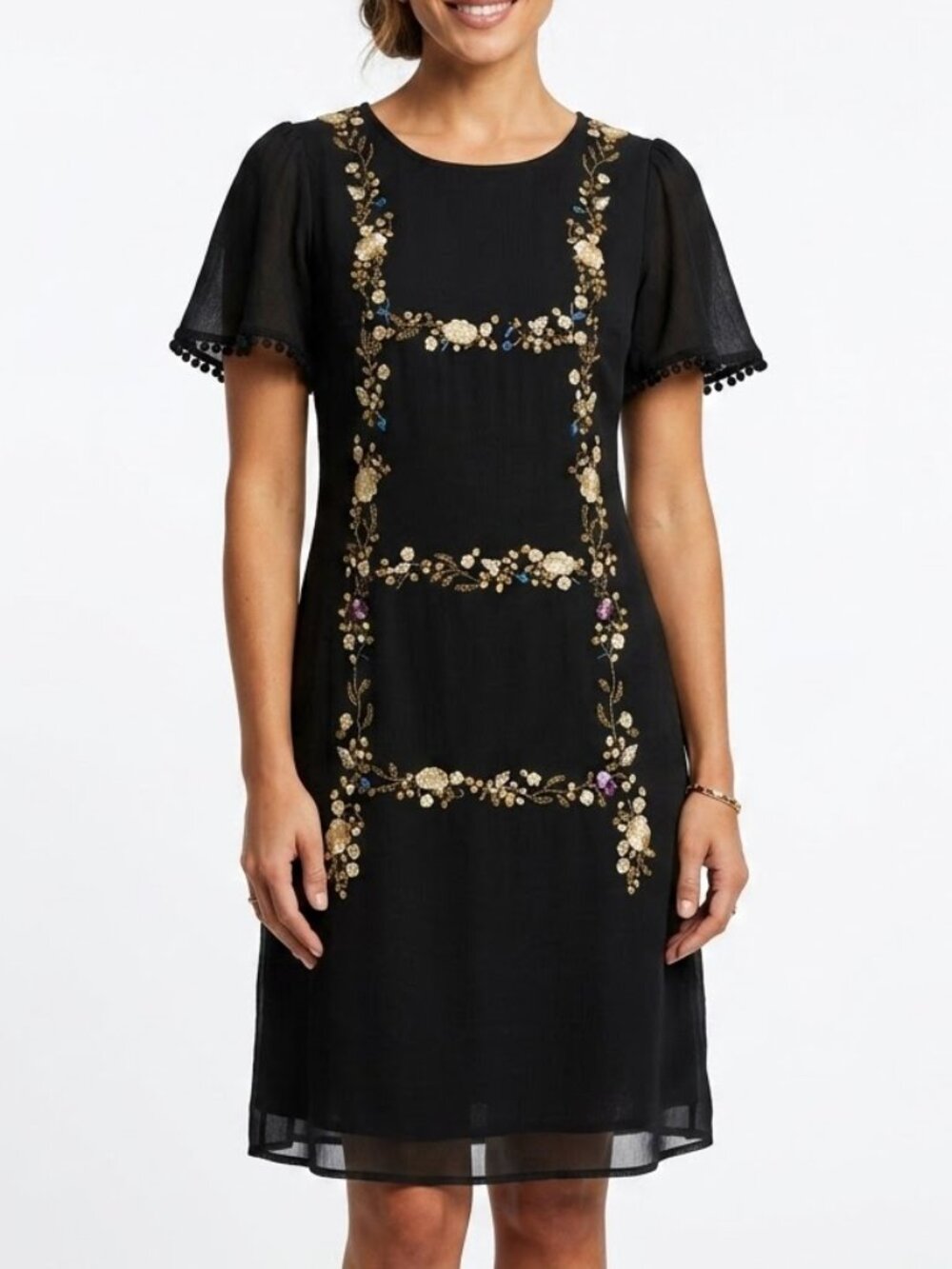 Brass & Roe Whimsigoth Embroidered Linen Blend Dress Black Shift Pom Trim M